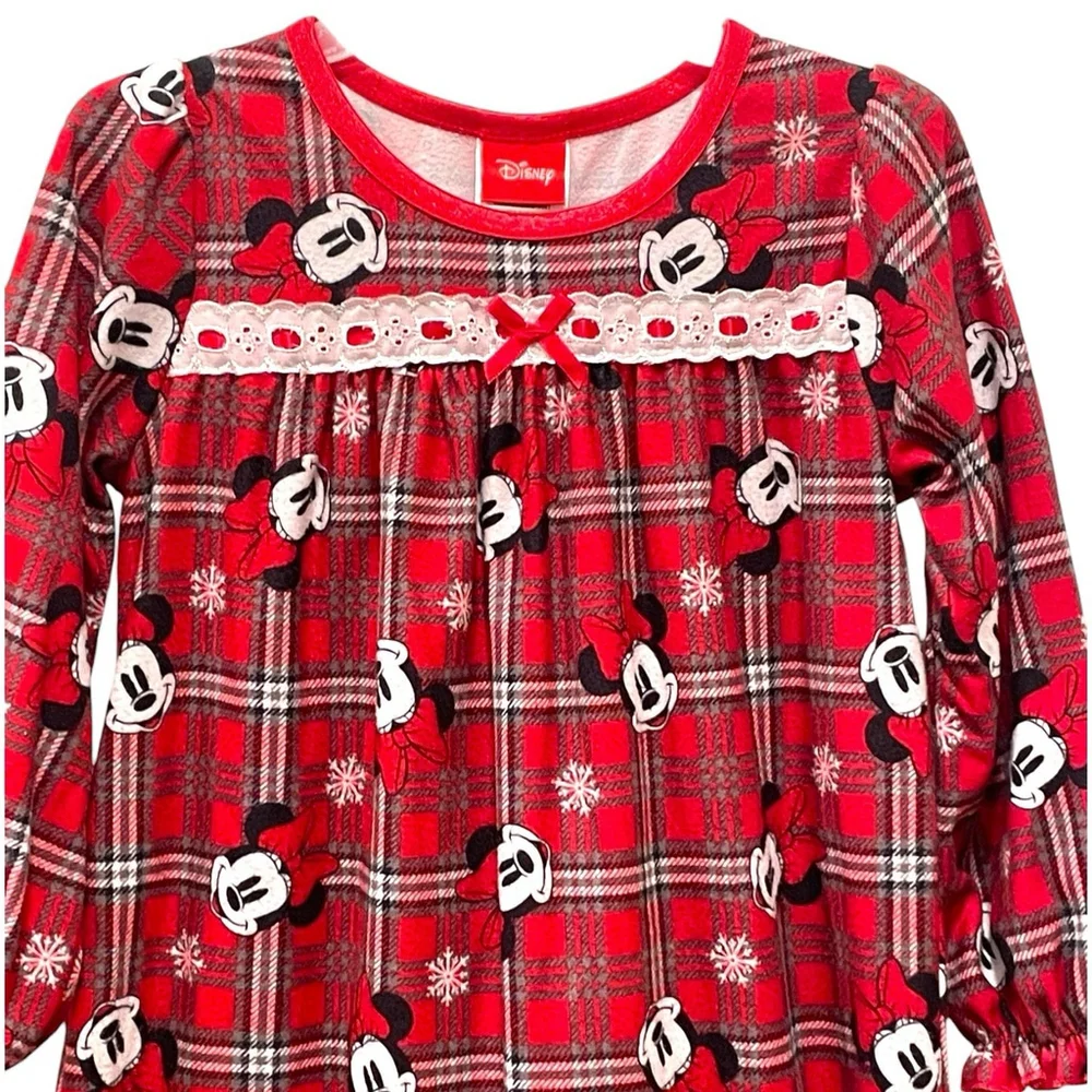 Disney Girls 4T Plaid Minnie Mouse Nightgown Flannel Ruffle Christmas Granny - Picture 2 of 12